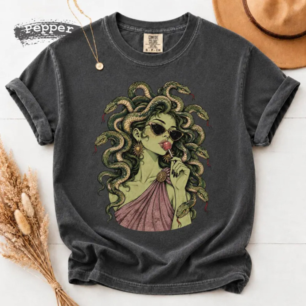 Medusa Lollipop Greek Mythology Comfort Colors Retro Spooky Halloween Snake Tee